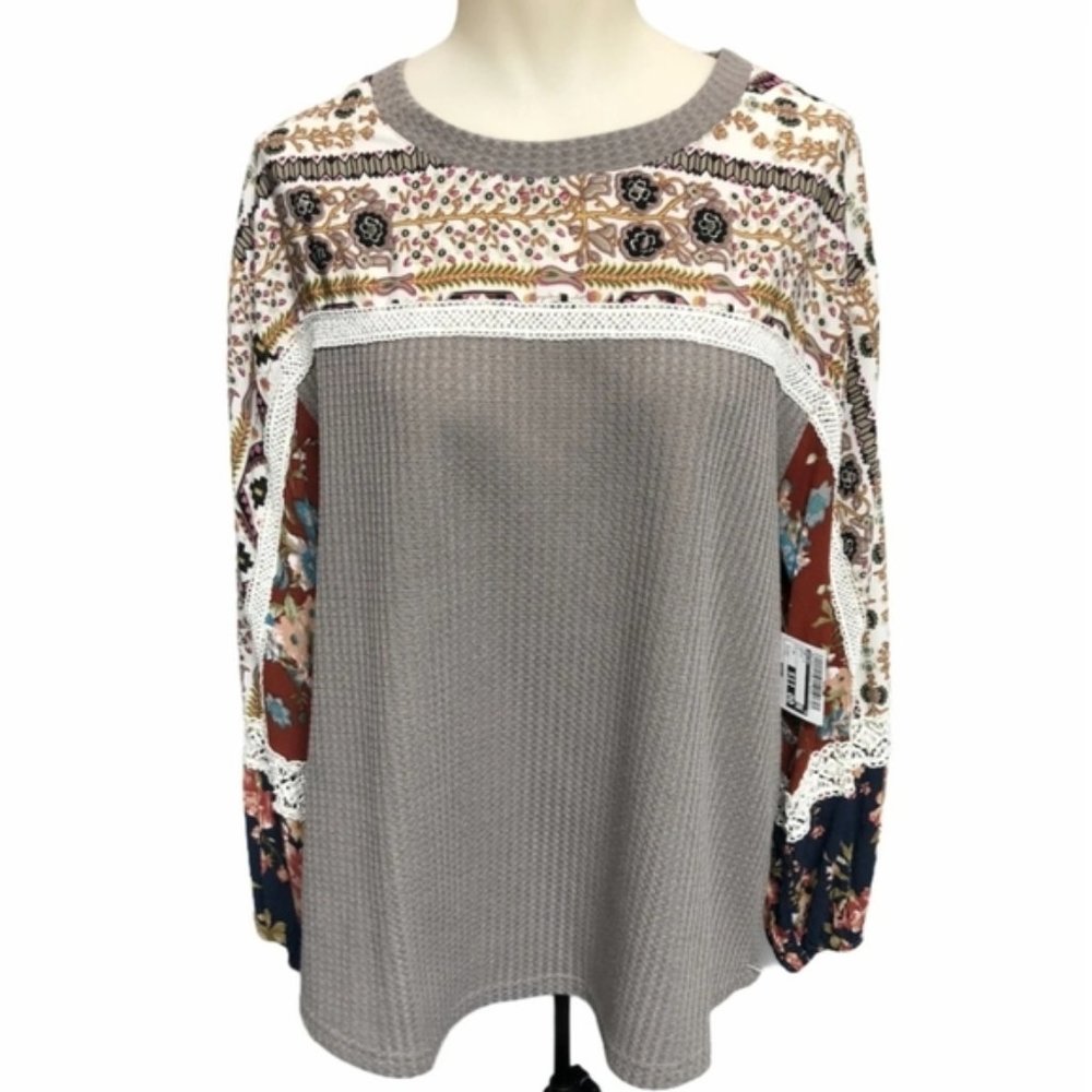 ANTHROPOLOGIE Boho Floral Lace Waffle Blouse EUC sz M - Picture 3 of 13